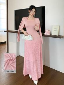 Modelyn Setelan 2 Potong Wanita, Elegan, Modis, Serbaguna, Warna Polos, Rok Mengembang dengan Hiasan Renda yang Mengencangkan Pinggang, Cocok untuk Musim Semi, Gugur, dan Musim Dingin. - Berwarna merah muda - View 8
