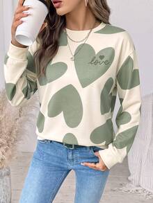 SHEIN LUNE 女款休閒圓領寬鬆衛衣，愛心印花，秋季服飾，適合日常通勤、派對、夏季、聖誕節、新年、感恩節、婚禮、海灘、出遊、約會、情人節，優雅度假風，Y2K - 白色 - 查看 6