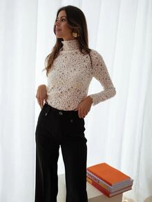 SHEIN 2026新款女款蕾絲假領透視網紗長袖內搭襯衫，蕾絲長袖疊穿內搭 - 白色 - 查看 3