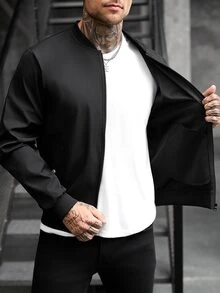 Manfinity CasualCool Men's Solid Color Long Sleeve Zip-Up Casual Baseball Jacket - Black - View 9