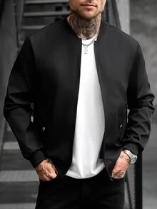 Manfinity CasualCool Men's Solid Color Long Sleeve Zip-Up Casual Baseball Jacket - Black - View 5