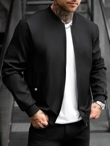 Manfinity CasualCool Men's Solid Color Long Sleeve Zip-Up Casual Baseball Jacket - Black - View 7