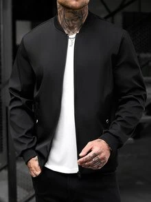 Manfinity CasualCool Men's Solid Color Long Sleeve Zip-Up Casual Baseball Jacket - Black - View 3