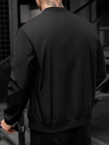 Manfinity CasualCool Men's Solid Color Long Sleeve Zip-Up Casual Baseball Jacket - Black - View 8