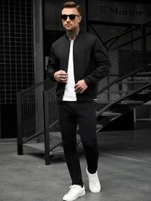 Manfinity CasualCool Men's Solid Color Long Sleeve Zip-Up Casual Baseball Jacket - Black - View 6