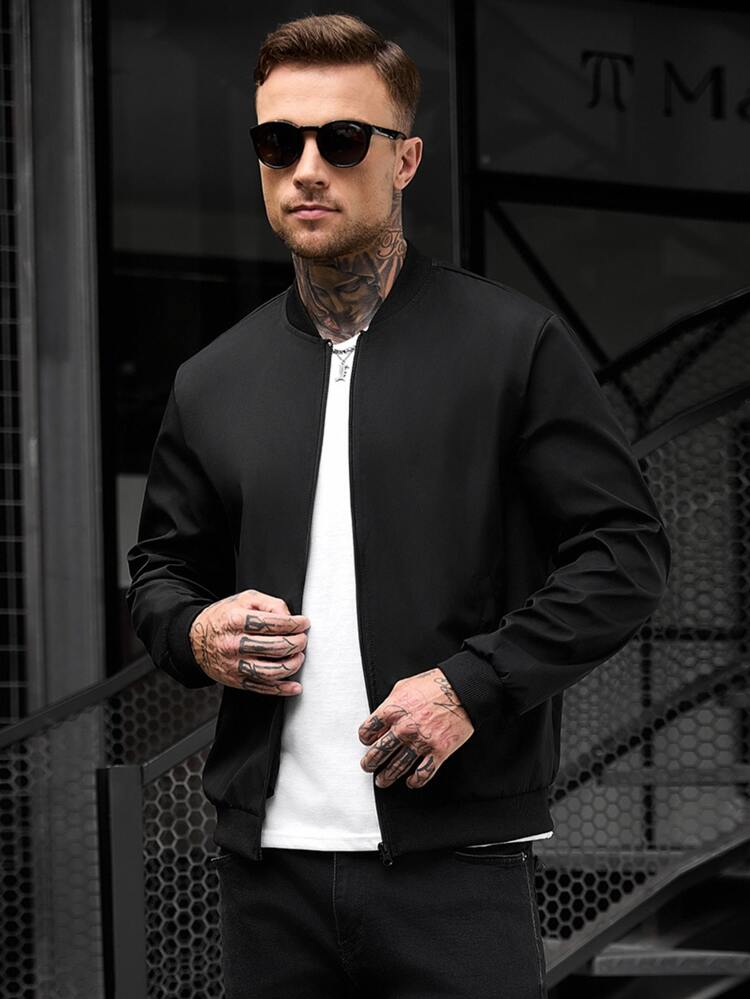 Manfinity CasualCool Men's Solid Color Long Sleeve Zip-Up Casual Baseball Jacket - Black - View 1