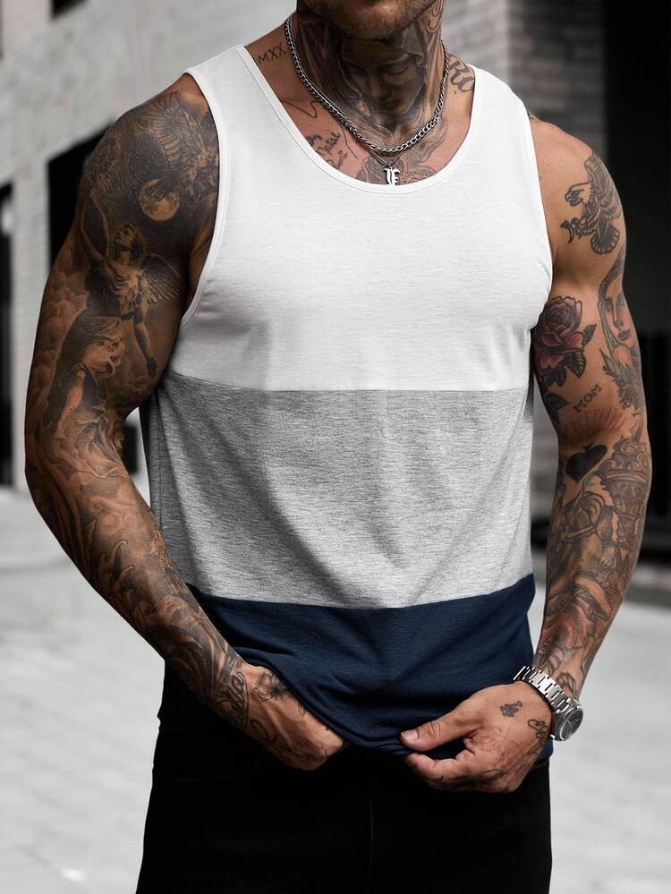 Manfinity CasualCool Men's Colorblock Casual Versatile Daily Wear Top Gym Navy Blue And White Summer Old Money Gift Vacation Holiday World Cup Streetwear - Multicolor - View 3