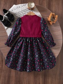 SHEIN Girls Vintage Dress Burgundy Rib Knit Top With Floral Print Skirt Crew Neck Flared A-Line Dress Fall Dress Perfect For Christmas Halloween Outfits - 酒紅色 - 查看 2