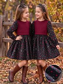 SHEIN Girls Vintage Dress Burgundy Rib Knit Top With Floral Print Skirt Crew Neck Flared A-Line Dress Fall Dress Perfect For Christmas Halloween Outfits - 酒紅色 - 查看 1