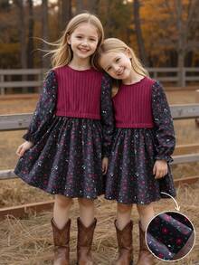 SHEIN Girls Vintage Dress Burgundy Rib Knit Top With Floral Print Skirt Crew Neck Flared A-Line Dress Fall Dress Perfect For Christmas Halloween Outfits - 酒紅色 - 查看 3