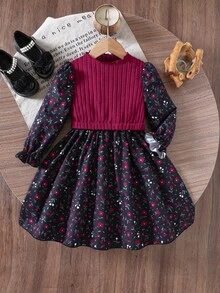 SHEIN Girls Vintage Dress Burgundy Rib Knit Top With Floral Print Skirt Crew Neck Flared A-Line Dress Fall Dress Perfect For Christmas Halloween Outfits - 酒紅色 - 查看 9