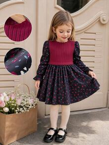 SHEIN Girls Vintage Dress Burgundy Rib Knit Top With Floral Print Skirt Crew Neck Flared A-Line Dress Fall Dress Perfect For Christmas Halloween Outfits - 酒紅色 - 查看 8