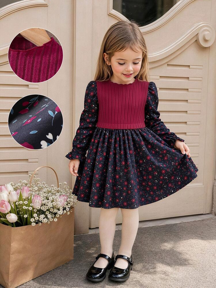 SHEIN Girls Vintage Dress Burgundy Rib Knit Top With Floral Print Skirt Crew Neck Flared A-Line Dress Fall Dress Perfect For Christmas Halloween Outfits - 酒紅色 - 查看 8