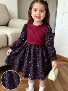 SHEIN Girls Vintage Dress Burgundy Rib Knit Top With Floral Print Skirt Crew Neck Flared A-Line Dress Fall Dress Perfect For Christmas Halloween Outfits - 酒紅色 - 查看 6