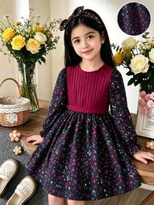 SHEIN Girls Vintage Dress Burgundy Rib Knit Top With Floral Print Skirt Crew Neck Flared A-Line Dress Fall Dress Perfect For Christmas Halloween Outfits - 酒紅色 - 查看 4