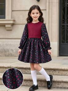 SHEIN Girls Vintage Dress Burgundy Rib Knit Top With Floral Print Skirt Crew Neck Flared A-Line Dress Fall Dress Perfect For Christmas Halloween Outfits - 酒紅色 - 查看 7