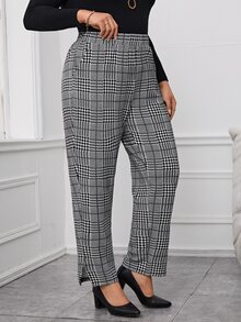 Miaspire Plus Size Plaid Print Split Hem Casual Pants With Pockets Fall Winter 2026 - Black and White - View 6