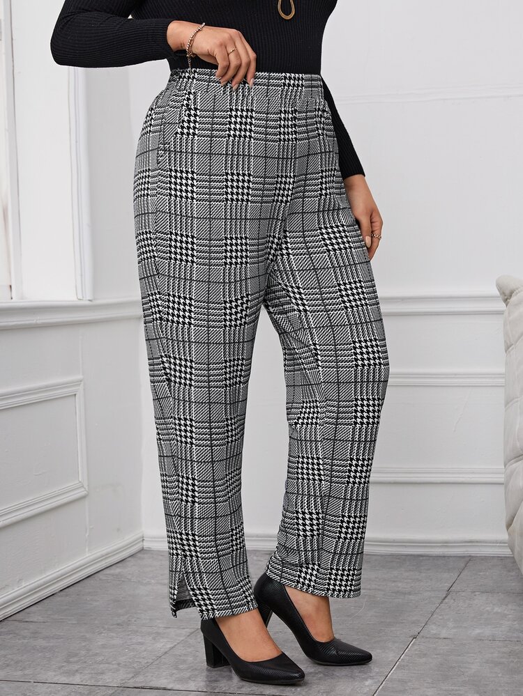Miaspire Plus Size Plaid Print Split Hem Casual Pants With Pockets Fall Winter 2026 - Black and White - View 6