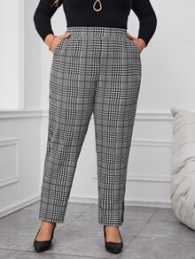 Miaspire Plus Size Plaid Print Split Hem Casual Pants With Pockets Fall Winter 2026 - Black and White - View 3