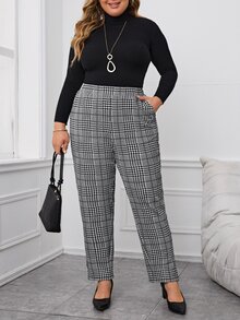 Miaspire Plus Size Plaid Print Split Hem Casual Pants With Pockets Fall Winter 2026 - Black and White - View 4