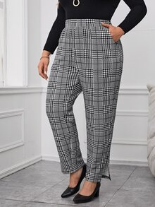 Miaspire Plus Size Plaid Print Split Hem Casual Pants With Pockets Fall Winter 2026 - Black and White - View 5