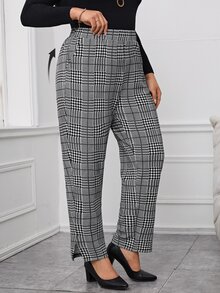 Miaspire Plus Size Plaid Print Split Hem Casual Pants With Pockets Fall Winter 2026 - Black and White - View 1