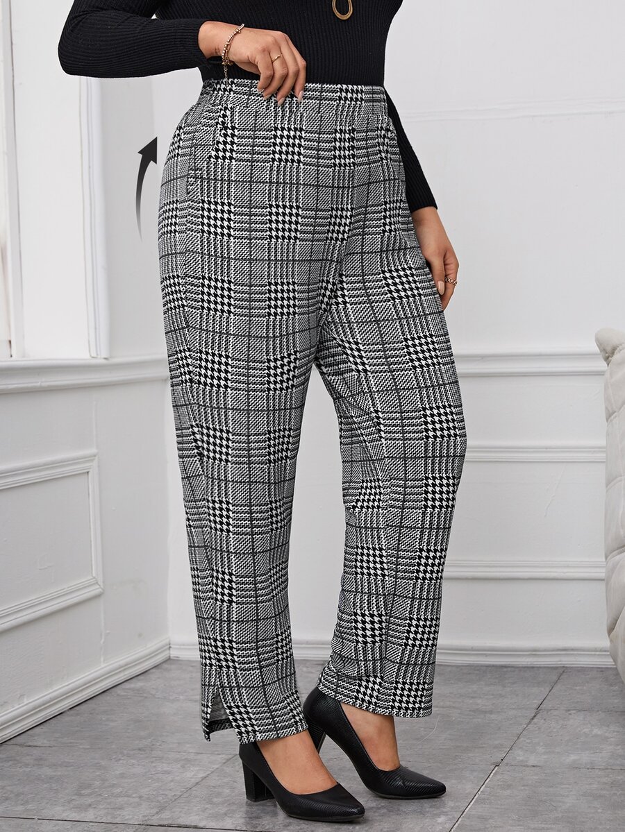 Miaspire Plus Size Plaid Print Split Hem Casual Pants With Pockets Fall Winter 2026 - Black and White - View 1