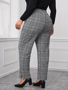 Miaspire Plus Size Plaid Print Split Hem Casual Pants With Pockets Fall Winter 2026 - Black and White - View 2