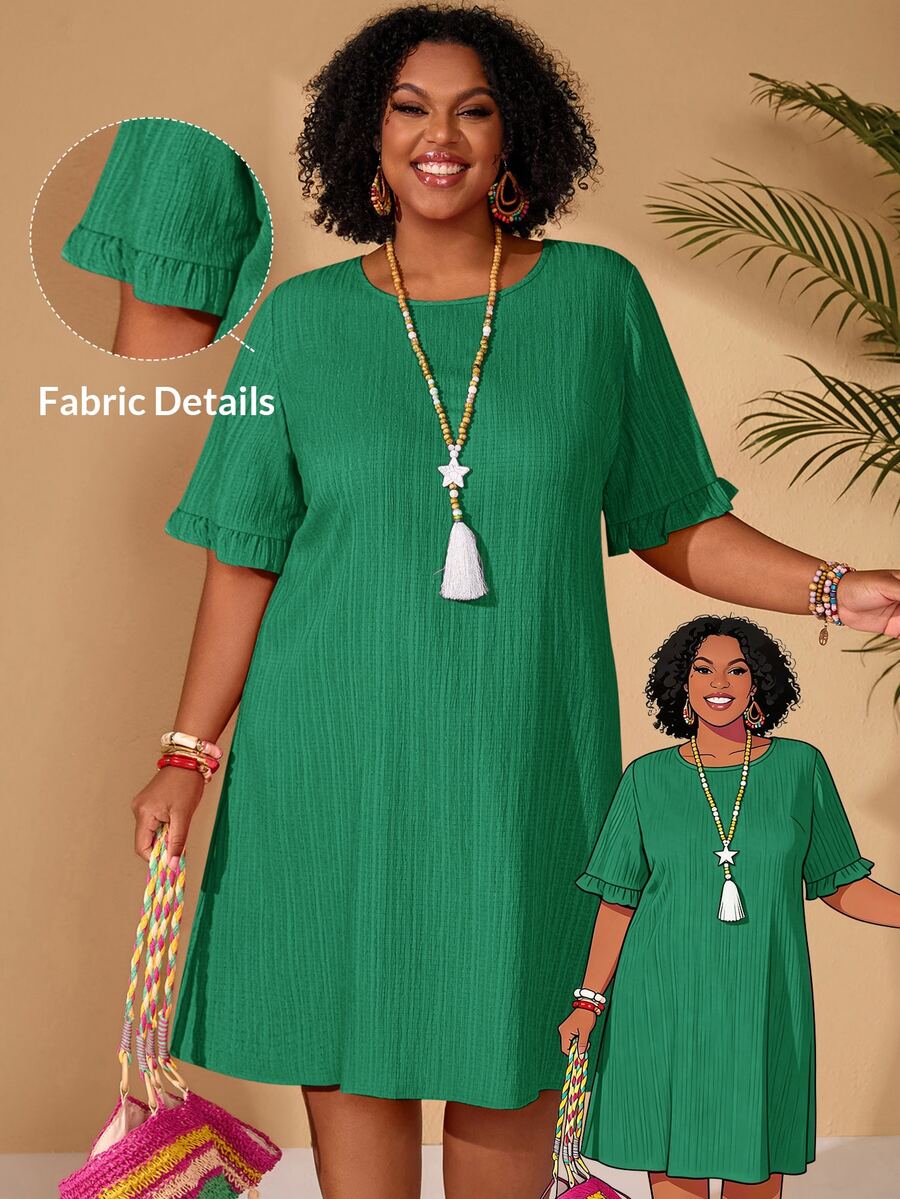 BrightlyHer Plus Size Red Round Neck Short Sleeve Casual Dress Vacation Beach Spring Summer 2026 - Fresh Green - View 1
