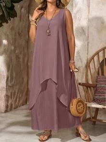 EMERY ROSE Plus Size Women's Dusty Rose Summer Bohemian Vacation Holiday Dress, V-Neck Sleeveless Solid Color Flowy Long, Casual Beach Wedding Guest Outfits - Brown - View 5