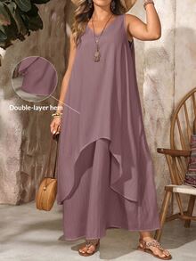 EMERY ROSE Plus Size Women's Dusty Rose Summer Bohemian Vacation Holiday Dress, V-Neck Sleeveless Solid Color Flowy Long, Casual Beach Wedding Guest Outfits - Brown - View 1