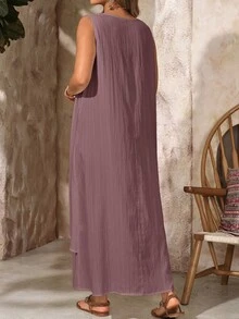 EMERY ROSE Plus Size Women's Dusty Rose Summer Bohemian Vacation Holiday Dress, V-Neck Sleeveless Solid Color Flowy Long, Casual Beach Wedding Guest Outfits - Brown - View 2