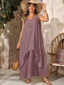 EMERY ROSE Plus Size Women's Dusty Rose Summer Bohemian Vacation Holiday Dress, V-Neck Sleeveless Solid Color Flowy Long, Casual Beach Wedding Guest Outfits - Brown - View 3