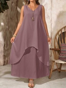 EMERY ROSE Plus Size Women's Dusty Rose Summer Bohemian Vacation Holiday Dress, V-Neck Sleeveless Solid Color Flowy Long, Casual Beach Wedding Guest Outfits - Brown - View 7