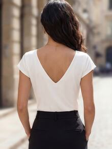 GlowEve New Spring/Summer V-Neck Crossed Shoulder Short Sleeve Slim Fit Backless Design Fashionable Blouse For Women - White - View 2
