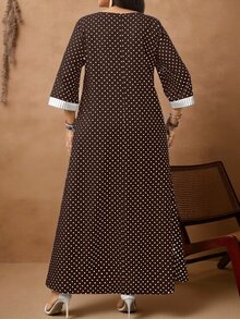 Rosumi 大尺碼女款休閒優雅1920年代復古80年代波點格紋條紋拼接圓領七分袖棕色秋季波希米亞亮片Al-Adha洋裝 - 棕色 - 查看 3