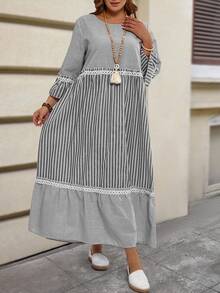 EMERY ROSE 大码冬季女士度假装女装条纹圆领喇叭袖荷叶边下摆宽松长款休闲连衣裙 - 黑與白 - 查看 3