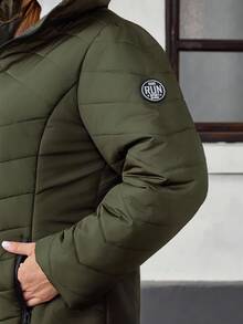 Rosumi 大码女式冬季休闲纯色拉链保暖连帽加厚羽绒服，军绿色，冬季，外出，新款，简约时尚，适合日常穿着，加厚羽绒服 - 軍綠色 - 查看 9