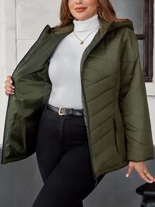Rosumi 大码女式冬季休闲纯色拉链保暖连帽加厚羽绒服，军绿色，冬季，外出，新款，简约时尚，适合日常穿着，加厚羽绒服 - 軍綠色 - 查看 14