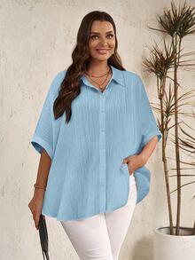Miaspire Plus Size Autumn Casual Elegant Traditional Solid Color Batwing Sleeve Shirt Formal Vacation Light Blue - Baby Blue - View 6