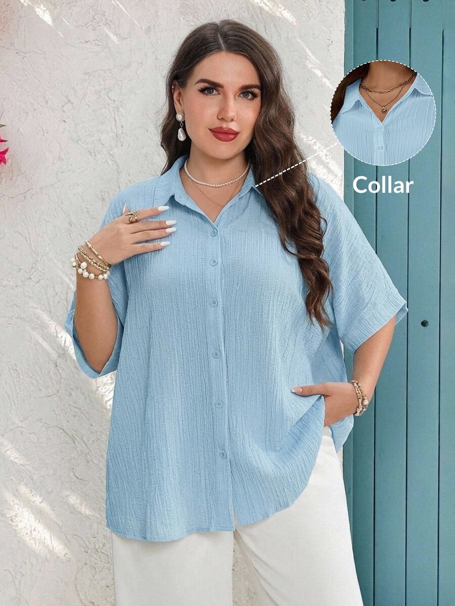 Miaspire Plus Size Autumn Casual Elegant Traditional Solid Color Batwing Sleeve Shirt Formal Vacation Light Blue