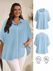 Miaspire Plus Size Autumn Casual Elegant Traditional Solid Color Batwing Sleeve Shirt Formal Vacation Light Blue - Baby Blue - View 7