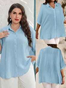 Miaspire Plus Size Autumn Casual Elegant Traditional Solid Color Batwing Sleeve Shirt Formal Vacation Light Blue - Baby Blue - View 9