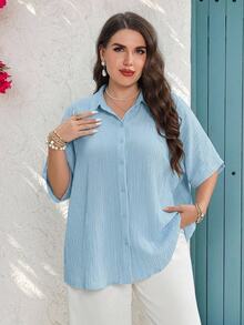 Miaspire Plus Size Autumn Casual Elegant Traditional Solid Color Batwing Sleeve Shirt Formal Vacation Light Blue - Baby Blue - View 8