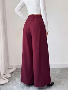 SHEIN Elenzya High Waist Center Pleated Wide Leg Suit Pants, Draped Textured Loose Fit Slimming Long Commuter Trousers - Red Violet - View 2