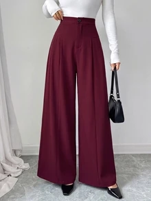 SHEIN Elenzya High Waist Center Pleated Wide Leg Suit Pants, Draped Textured Loose Fit Slimming Long Commuter Trousers - Red Violet - View 7