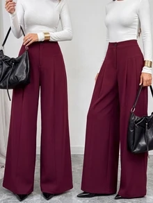 SHEIN Elenzya High Waist Center Pleated Wide Leg Suit Pants, Draped Textured Loose Fit Slimming Long Commuter Trousers - Red Violet - View 6