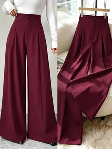 SHEIN Elenzya High Waist Center Pleated Wide Leg Suit Pants, Draped Textured Loose Fit Slimming Long Commuter Trousers - Red Violet - View 1