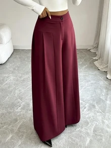 SHEIN Elenzya High Waist Center Pleated Wide Leg Suit Pants, Draped Textured Loose Fit Slimming Long Commuter Trousers - Red Violet - View 4
