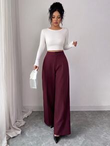 SHEIN Elenzya High Waist Center Pleated Wide Leg Suit Pants, Draped Textured Loose Fit Slimming Long Commuter Trousers - Red Violet - View 5